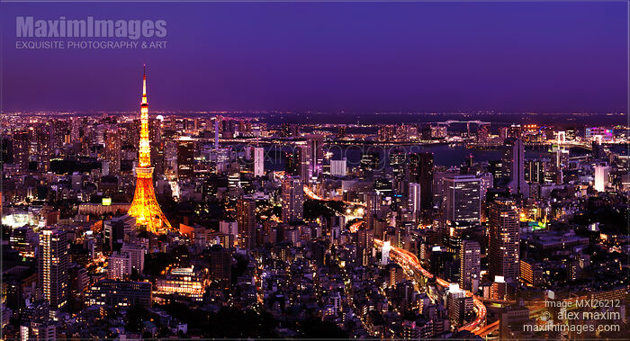 Stock photo of Tokyo Tower and brightly lit city at night Buy commercial use license at MaximImages