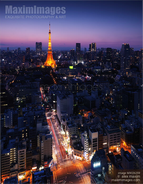Tokyo tower and streets shining at night Stock photo of Tokyo tower and streets shining at night Buy commercial use license at MaximImages