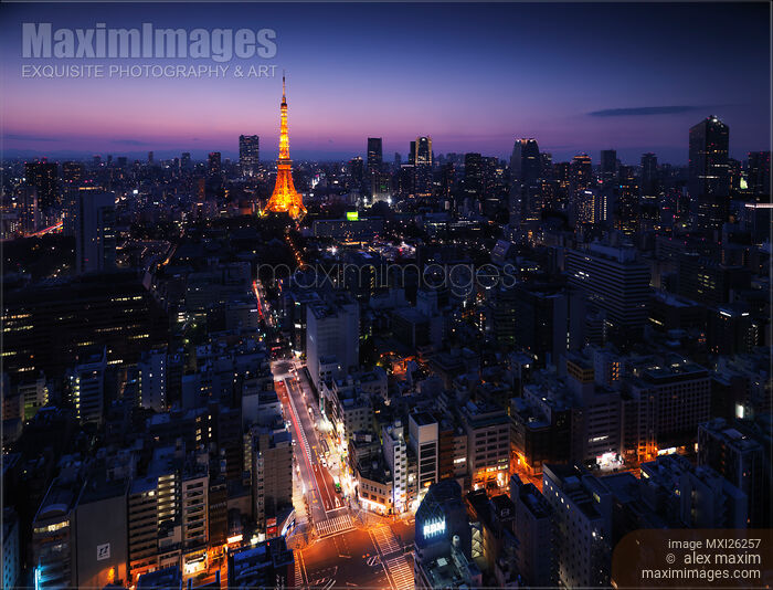 Stock photo of Tokyo tower illuminated at night in cityscape Buy commercial use license at MaximImages