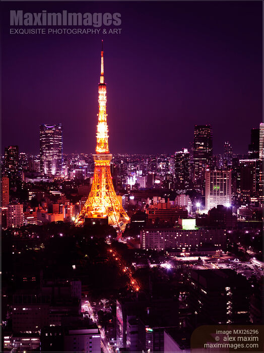 Stock photo of Tokyo tower illuminated at nighttime Buy commercial use license at MaximImages