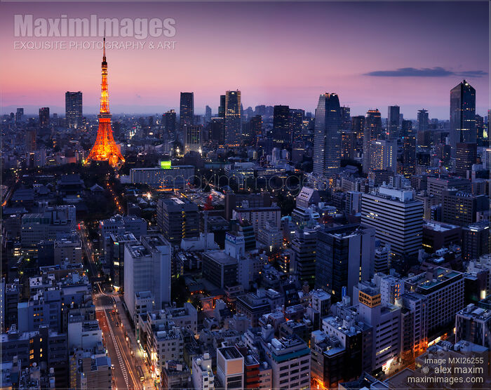 Tokyo tower illuminated in twilight Stock photo of Tokyo tower illuminated in twilight Buy commercial use license at MaximImages