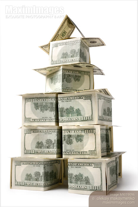 Stock photo of Tower Made from Dollar Bills Buy commercial use license at MaximImages