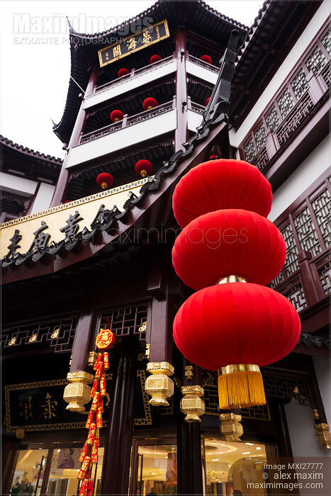 Stock photo of Traditional architecture with red lanterns at the old town of Shanghai Buy commercial use license at MaximImages