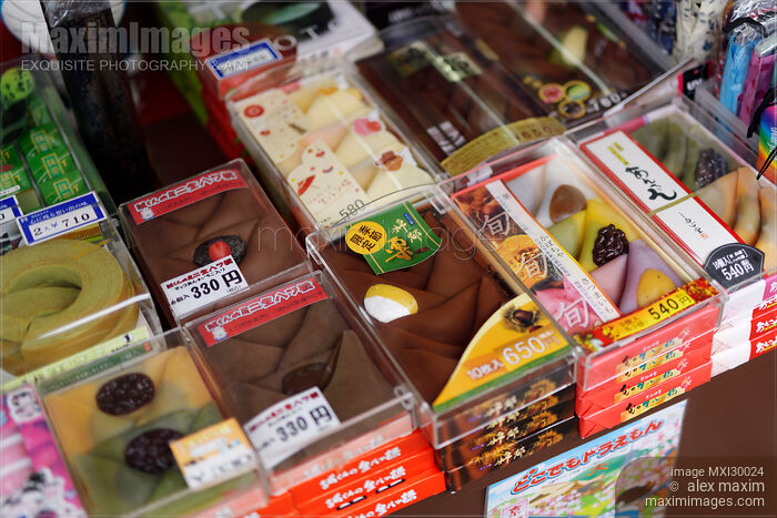 Traditional Japanese confectionery Yatsuhashi souvenir treats Miyagegashi on store display Stock photo of Traditional Japanese confectionery Yatsuhashi souvenir treats Miyagegashi on store display Buy commercial use license at MaximImages