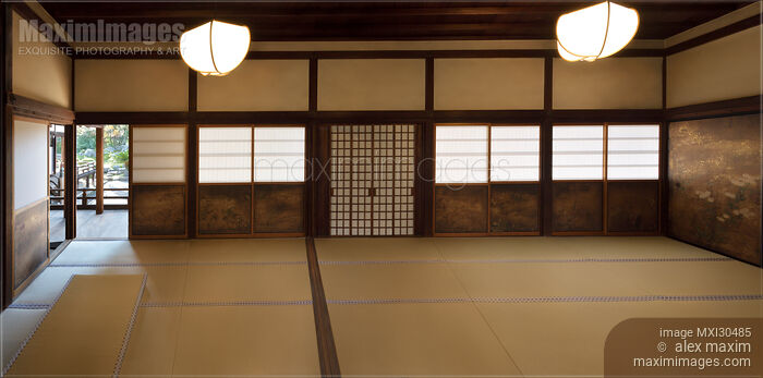 Traditional Japanese interior with tatami mats and shoji sliding screens in Sanboin temple Daigoji Kyoto Japan Stock photo of Traditional Japanese interior with tatami mats and shoji sliding screens in Sanboin temple Daigoji Kyoto Japan Buy commercial use license at MaximImages
