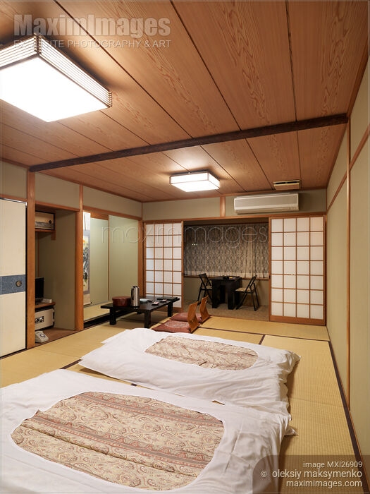 Stock photo of Traditional Japanese room at ryokan with futons Buy commercial use license at MaximImages