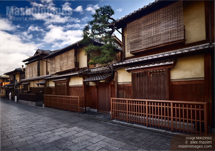 Stock photo of Traditional Japanese Tea house with pine tree above the entrance in Gion Kyoto Buy commercial use license at MaximImages