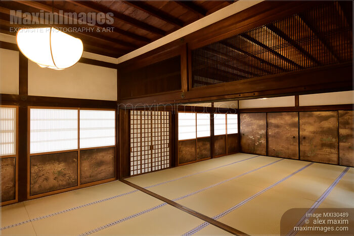 Stock photo of Traditional Japanese temple hall interior with tatami mats and painted sliding screens Sanboin Daigo-ji Kyoto Japan Buy commercial use license at MaximImages