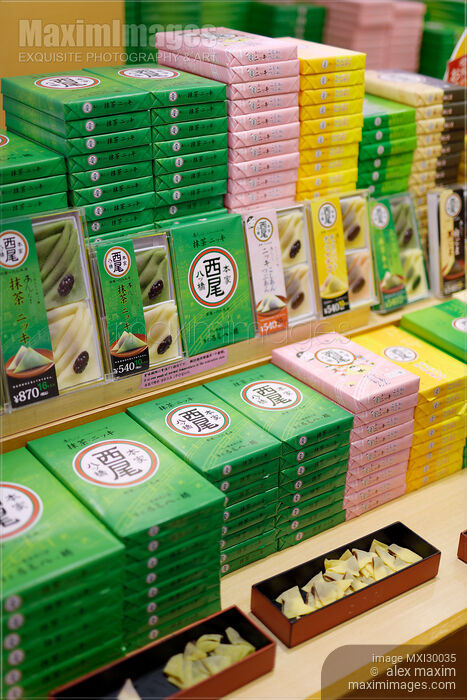 Traditional Kyoto treats Yatsuhashi triangles with red bean paste on store display Stock photo of Traditional Kyoto treats Yatsuhashi triangles with red bean paste on store display Buy commercial use license at MaximImages