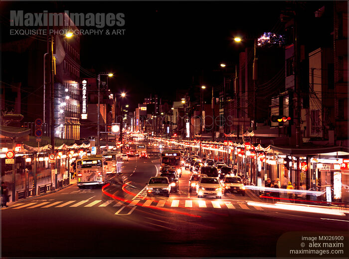 Stock photo of Traffic on Shijo dori street in Kyoto at night Buy commercial use license at MaximImages