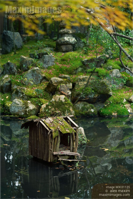Stock photo of Tranquil scenery of Tenjuan Temple Japanese Zen pond garden moss covered landscape Buy commercial use license at MaximImages