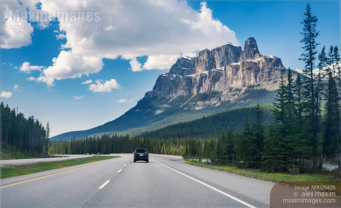 Stock photo of Trans-Canada highway in Alberta Rockies Canada view from a car Buy commercial use license at MaximImages