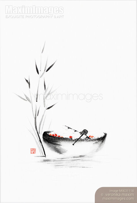 Stock image of Tskukubai Japanese traditional wash basin with bamboo and red maples leaves Buy commercial use license at MaximImages