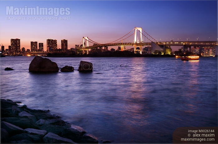 Stock photo of Twilight scenery of Rainbow bridge across Tokyo Bay Buy commercial use license at MaximImages
