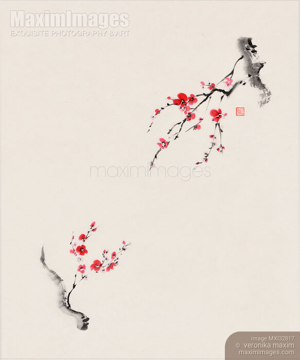 Two beautiful Sakura branches with red blossoms reaching towards each other Zen sumi-e painting on beige background Stock image of Two beautiful Sakura branches with red blossoms reaching towards each other Zen sumi-e painting on beige background Buy commercial use license at MaximImages