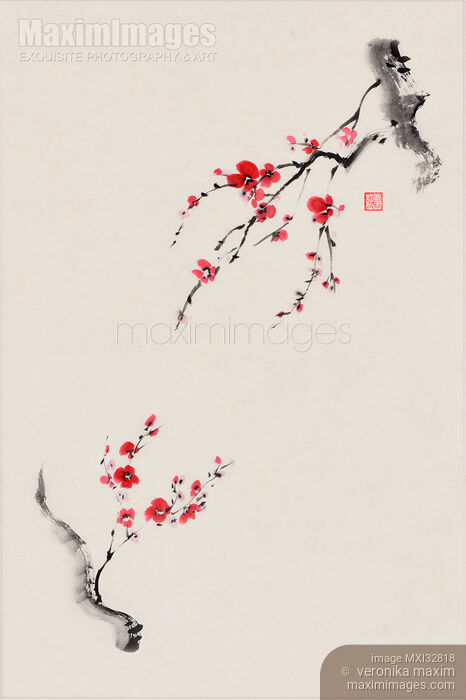 Two blossoming Sakura tree branches reaching towards each other Fine art sumi-e Zen painting on beige Stock image of Two blossoming Sakura tree branches reaching towards each other Fine art sumi-e Zen painting on beige Buy commercial use license at MaximImages
