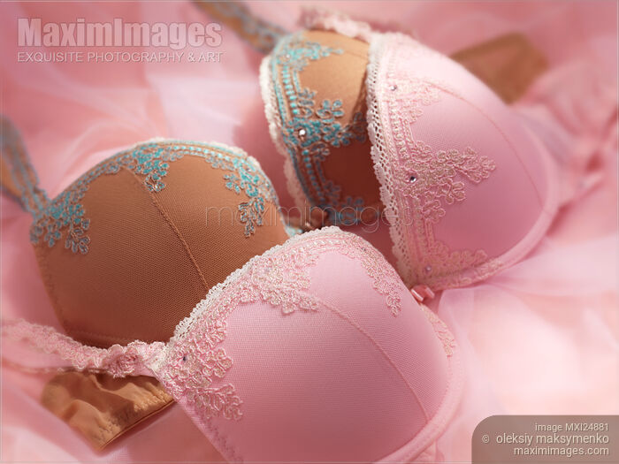 Stock photo of Two bras pink lace lingerie Buy commercial use license at MaximImages