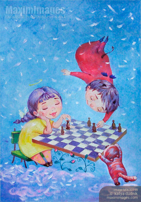Stock image of Two cute children an angel girl and a devil boy playing chess in heaven Buy commercial use license at MaximImages