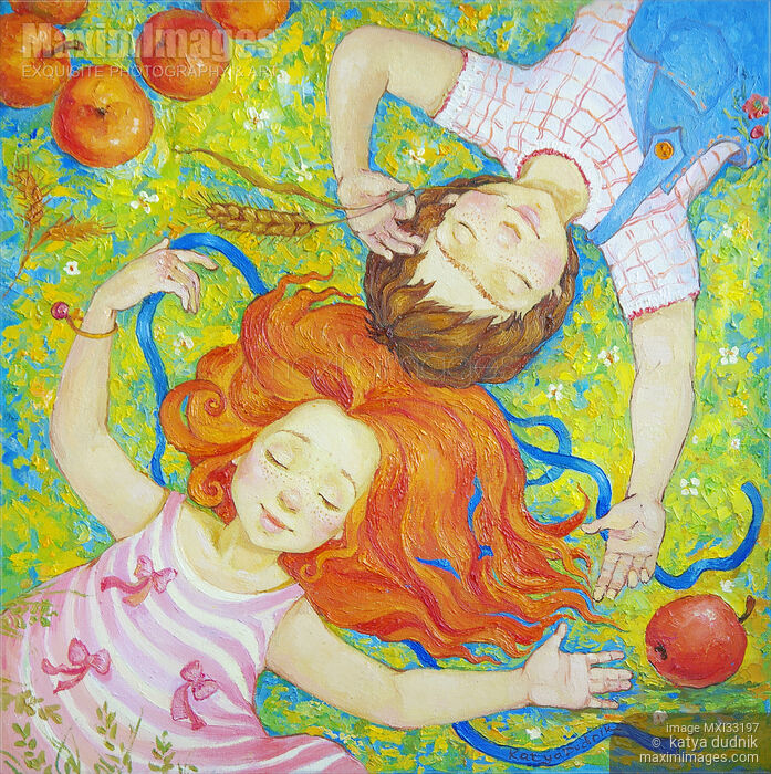 Stock image of Two cute happy children lying on the grass head to head enjoying summer sunshine Buy commercial use license at MaximImages