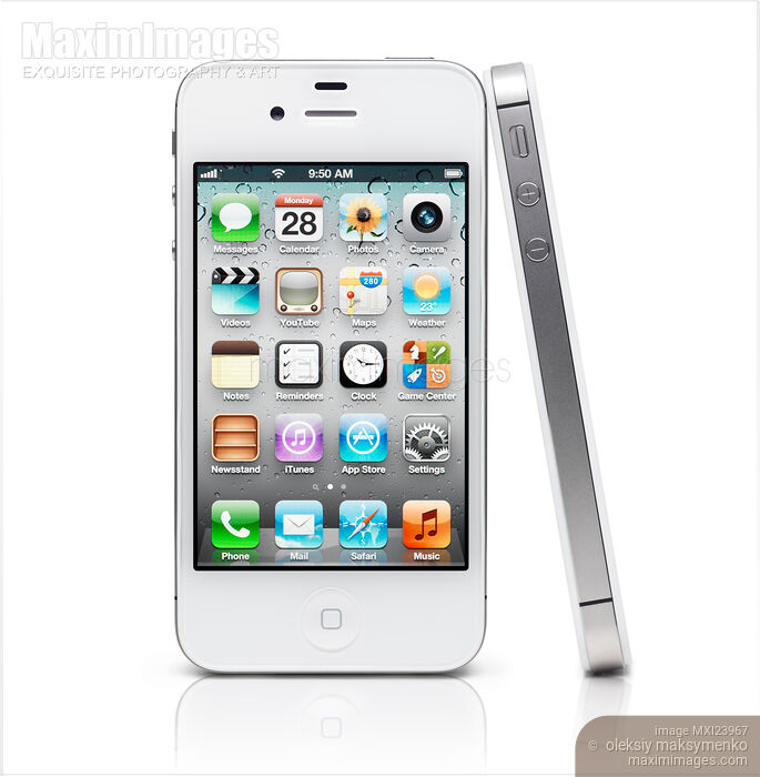 Stock photo of Two iPhone 4S Smartphones Isolated on White Buy commercial use license at MaximImages