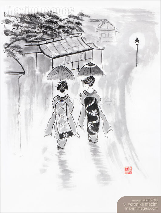 Stock image of Two Japanese Maiko women in kimono walking in Gion with umbrellas in the rain Sumi-e fine art painting Buy commercial use license at MaximImages