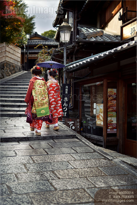 Two Maiko, Geisha apprentices in beautiful colorful kimono with long obi walking on old street in Kyoto Japan Stock photo of Two Maiko, Geisha apprentices in beautiful colorful kimono with long obi walking on old street in Kyoto Japan Buy commercial use license at MaximImages
