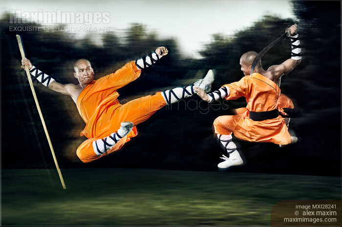 Two Shaolin monks fighting with weapons Kung Fu martial arts Stock photo of Two Shaolin monks fighting with weapons Kung Fu martial arts Buy commercial use license at MaximImages