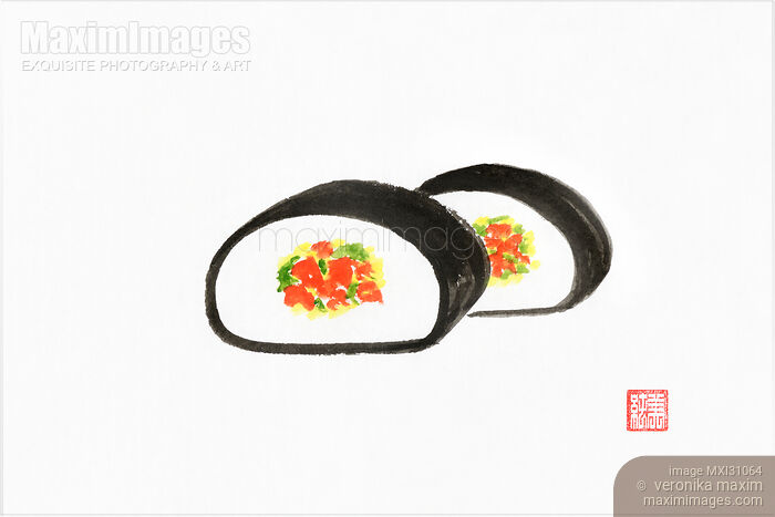 Two slices of a sushi roll ink painting Stock image of Two slices of a sushi roll ink painting Buy commercial use license at MaximImages