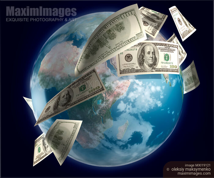 US dollars money flying around the world globe Stock image of US dollars money flying around the world globe Buy commercial use license at MaximImages