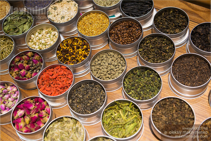 Stock photo of Variety of teas at a tea shop in Shanghai Buy commercial use license at MaximImages
