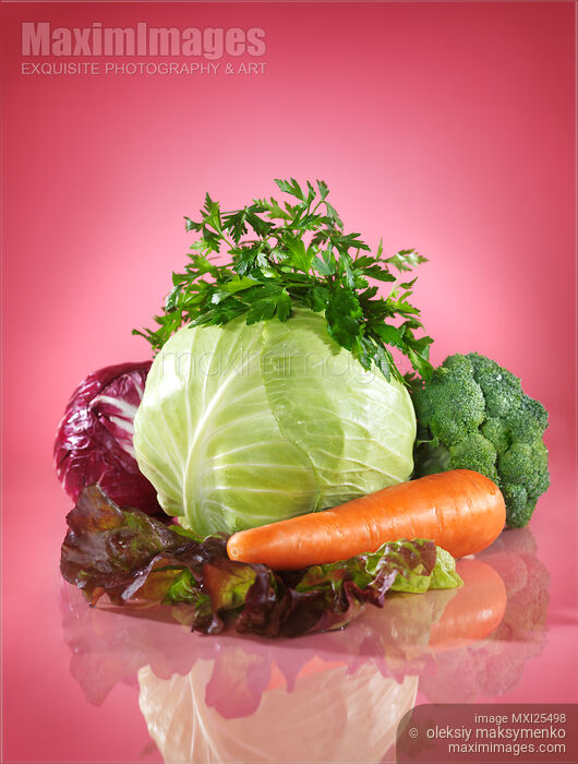 Vegetable food still life in bright colors Stock photo of Vegetable food still life in bright colors Buy commercial use license at MaximImages