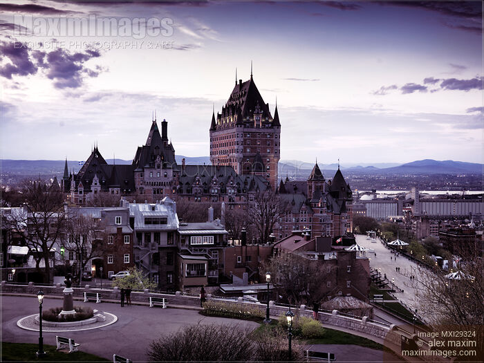 Stock photo of View from the hilltop on Fairmont Le Chateau Frontenac in Quebec city Canada at dusk Buy commercial use license at MaximImages