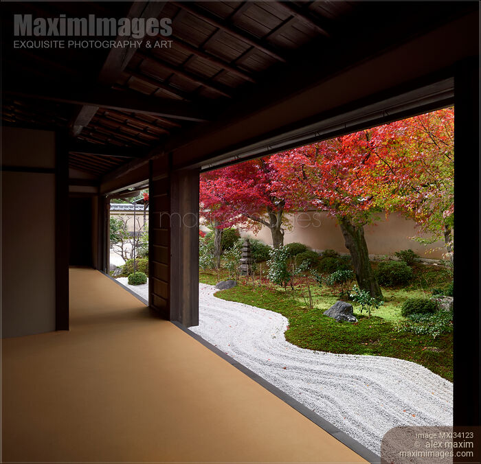 Stock photo of View of rock garden from the hall of Daitokuji Japanese Zen Buddhist temple Buy commercial use license at MaximImages