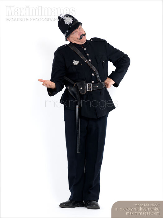 Stock photo of Vintage police officer with strict expression and stretched arm Buy commercial use license at MaximImages