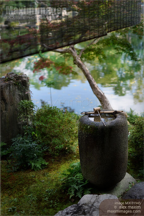 Stock photo of Water purification basin Tsukubai at Shusui-tei Japanese tea house by a pond in Kyoto Buy commercial use license at MaximImages
