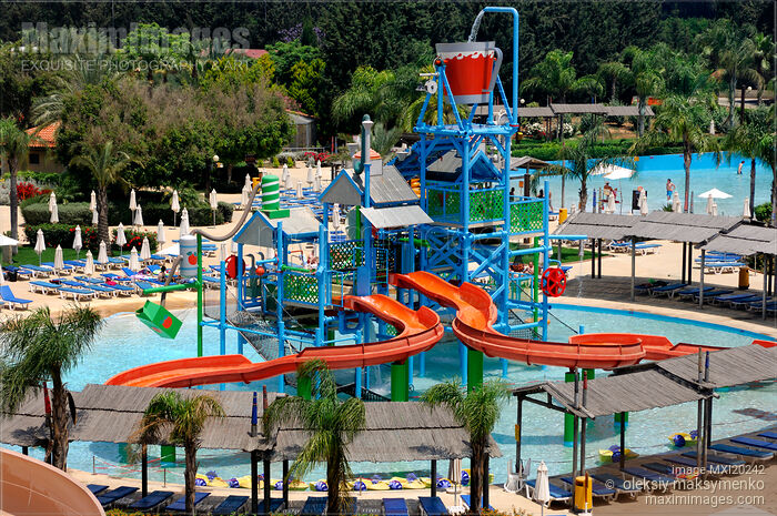 Stock photo of Waterpark slides Fasoury Watermania Cyprus Buy commercial use license at MaximImages