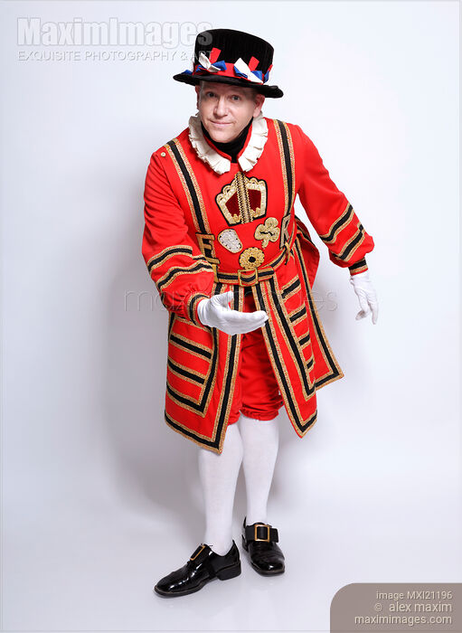 Stock photo of Welcoming Beefeater, The Yeomen of the Guard Buy commercial use license at MaximImages