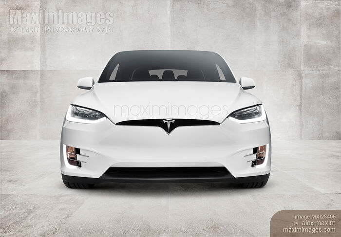 Stock photo of White 2017 Tesla Model X electric car front view Buy commercial use license at MaximImages