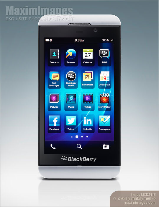 Stock photo of White Blackberry Z10 smartphone on blue Buy commercial use license at MaximImages