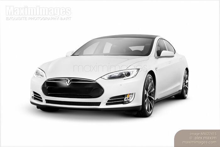 Stock photo of White Tesla Model S luxury electric car Buy commercial use license at MaximImages