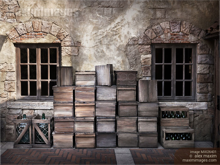 Wine bottles and crates outside of old house Stock photo of Wine bottles and crates outside of old house Buy commercial use license at MaximImages