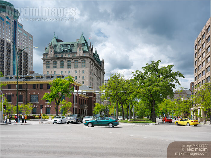 Stock photo of Winnipeg city summertime scenery Main street and Broadway intersection Buy commercial use license at MaximImages