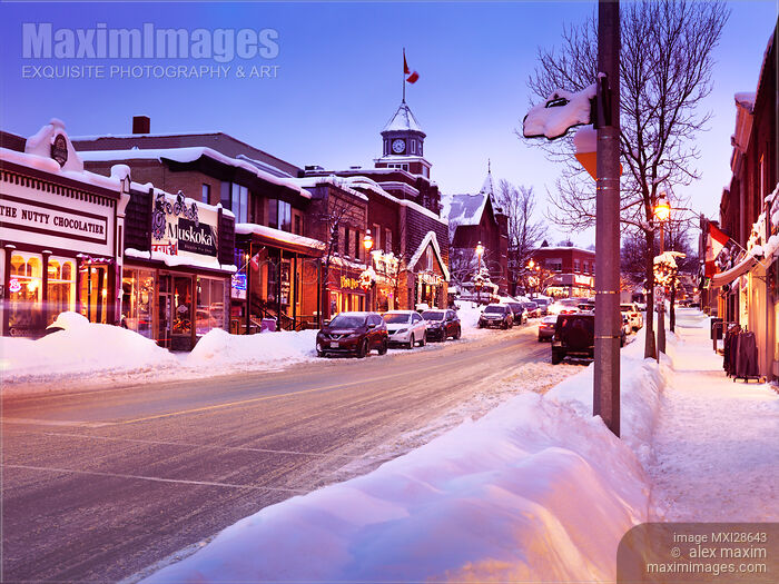 Stock photo of Winter scenery of Canadian town of Huntsville in Muskoka, Ontario before Christmas Buy commercial use license at MaximImages