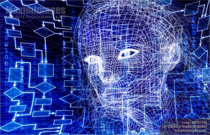 Stock image of Woman digital face of artificial intelligence and a flow chart 3D illustration Buy commercial use license at MaximImages