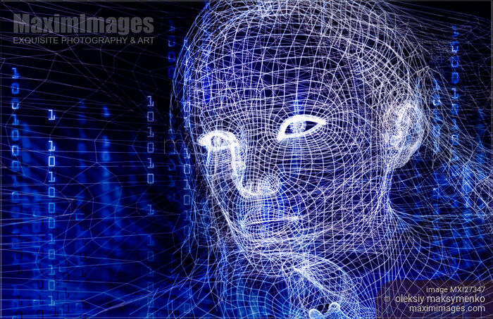 Stock image of Woman digital person face of a virtual human conceptual 3D illustration Buy commercial use license at MaximImages