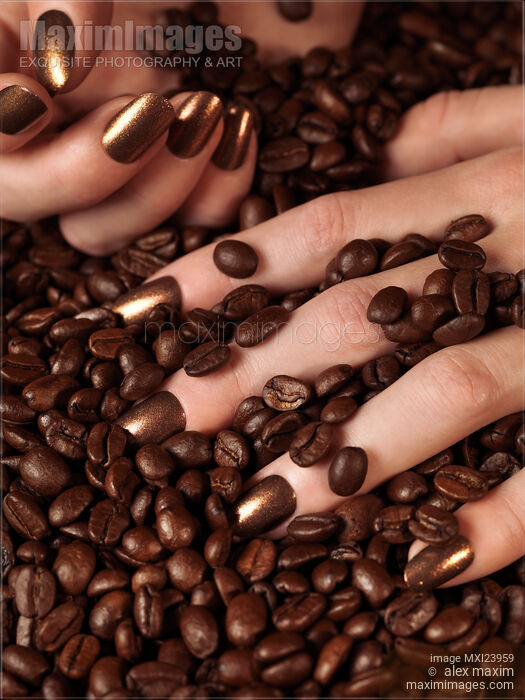 Stock photo of Woman Hands in Coffee Beans Buy commercial use license at MaximImages