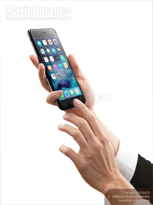Stock photo of Woman hands woth Apple iPhone 7 Plus on white background Buy commercial use license at MaximImages