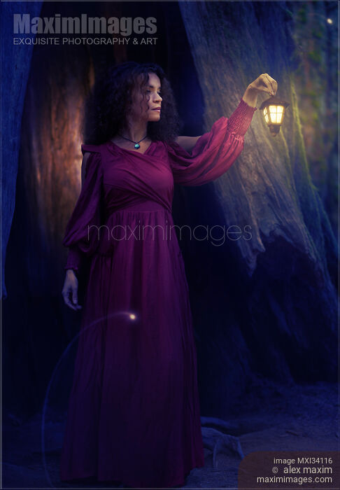 Woman in red dress walking with a lit lantern in her hand in a dark forest Stock photo of Woman in red dress walking with a lit lantern in her hand in a dark forest Buy commercial use license at MaximImages