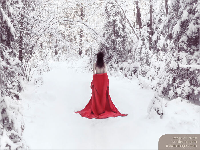 Stock photo of Woman in red kimono and bare shoulders walking away in snow Buy commercial use license at MaximImages