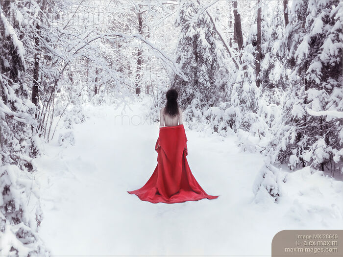 Woman in red kimono and bare shoulders walking away in snow Stock photo of Woman in red kimono and bare shoulders walking away in snow Buy commercial use license at MaximImages